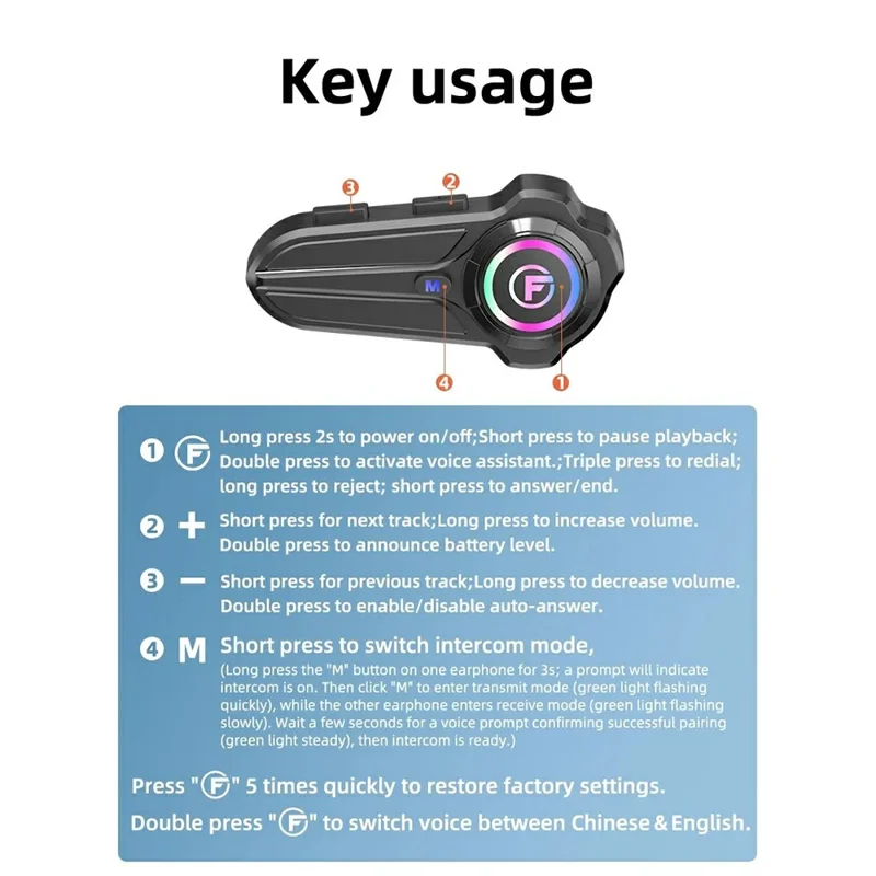 F10 PRO Motorcycle Helmet Bluetooth-compatible Intercom Headset with Hard Mic IP67 Waterproof 1000m Range Two-way Communication Interphone