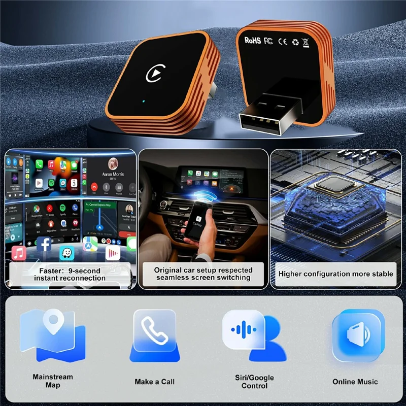 CP030-3 2 в 1 адаптер беспроводного CarPlay и Android Auto, подключи и работай, автомобильный AI-бокс для iPhone и Android - оранжевый