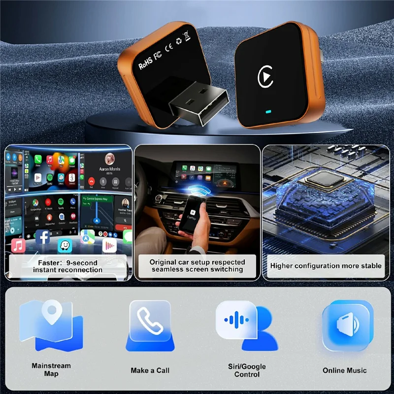 CP030-4 2 in 1 KI-Box Wireless CarPlay Android Auto Adapter WiFi 6 Dual-Band USB-Dongle - Orange