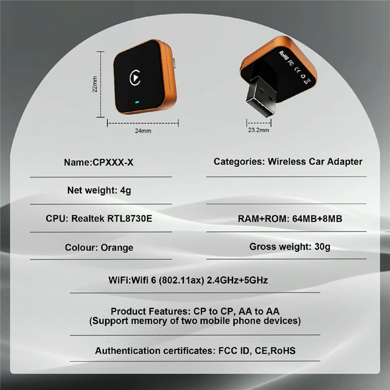 CP030-4 2 in 1 KI-Box Wireless CarPlay Android Auto Adapter WiFi 6 Dual-Band USB-Dongle - Orange
