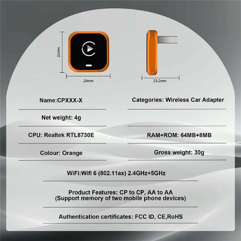 CP030-5 2 in 1 Wireless CarPlay Android Auto Adapter WiFi 6 Dual Band USB Dongle Car AI Box - Orange