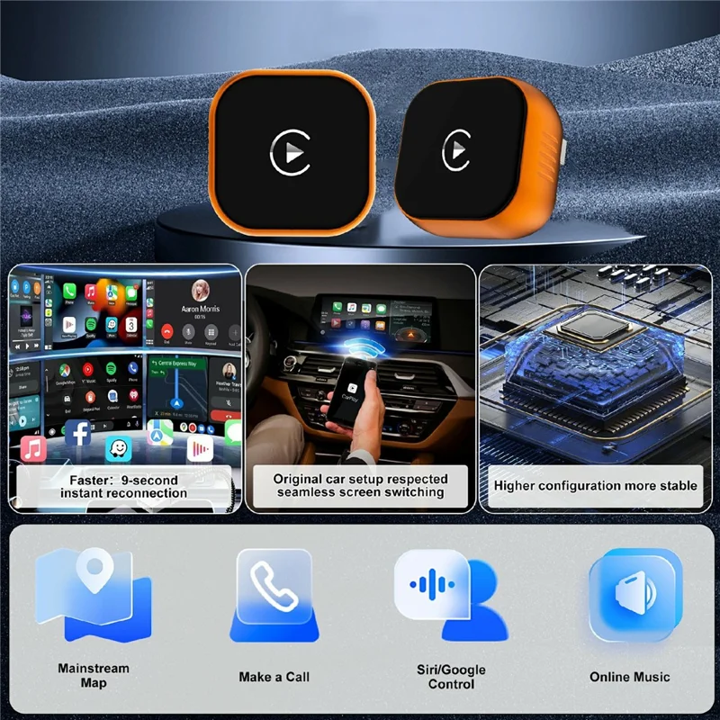 CP031-1 2 in 1 Car AI Box WiFi / Bluetooth-compatible Wireless CarPlay Android Auto Adapter USB Dongle - Orange