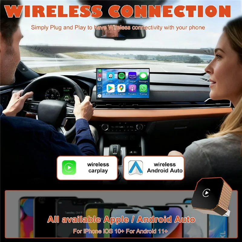CP031-3 2 in 1 Wireless CarPlay Android Auto Adapter Plug and Play USB Dongle AI Box für Auto – Orange
