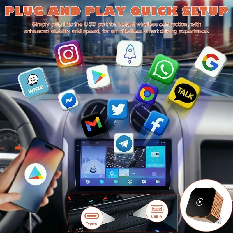 CP031-3 2 in 1 Wireless CarPlay Android Auto Adapter Plug and Play USB Dongle AI Box für Auto – Orange