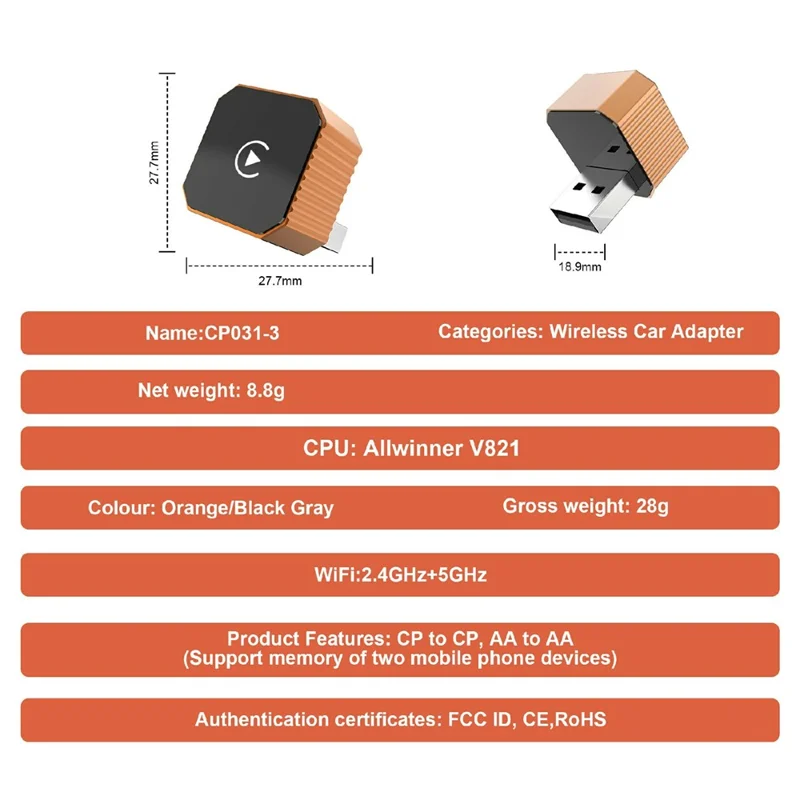 CP031-3 2 in 1 Wireless CarPlay Android Auto Adapter Plug and Play USB Dongle AI Box für Auto – Orange