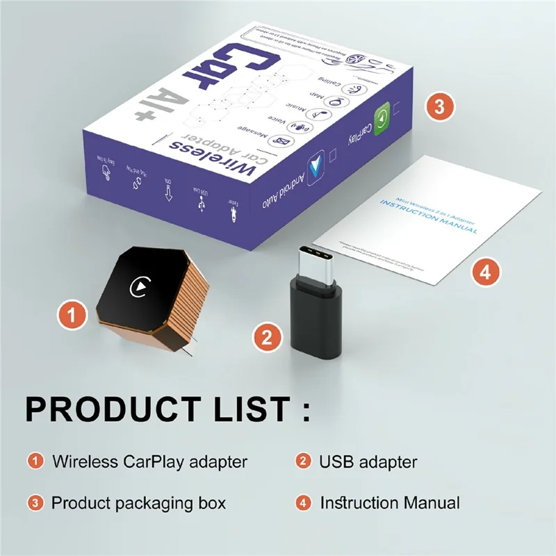 CP031-3 2 in 1 Wireless CarPlay Android Auto Adapter Plug and Play USB Dongle AI Box für Auto – Orange