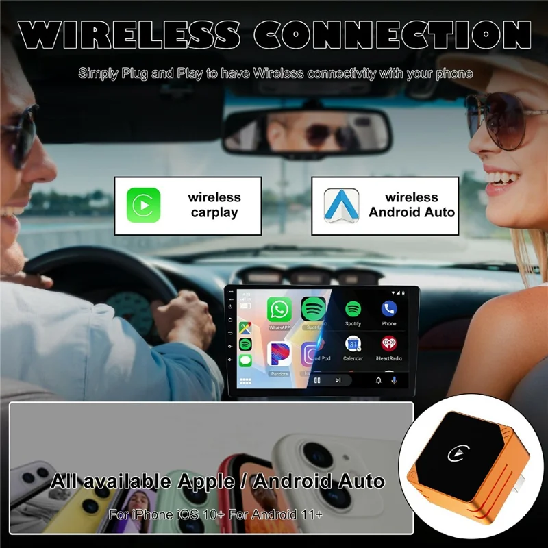 CP031-2 2 in 1 Wireless Car Adapter CarPlay Android Auto Plug and Play USB Dongle for iPhone Android - Orange