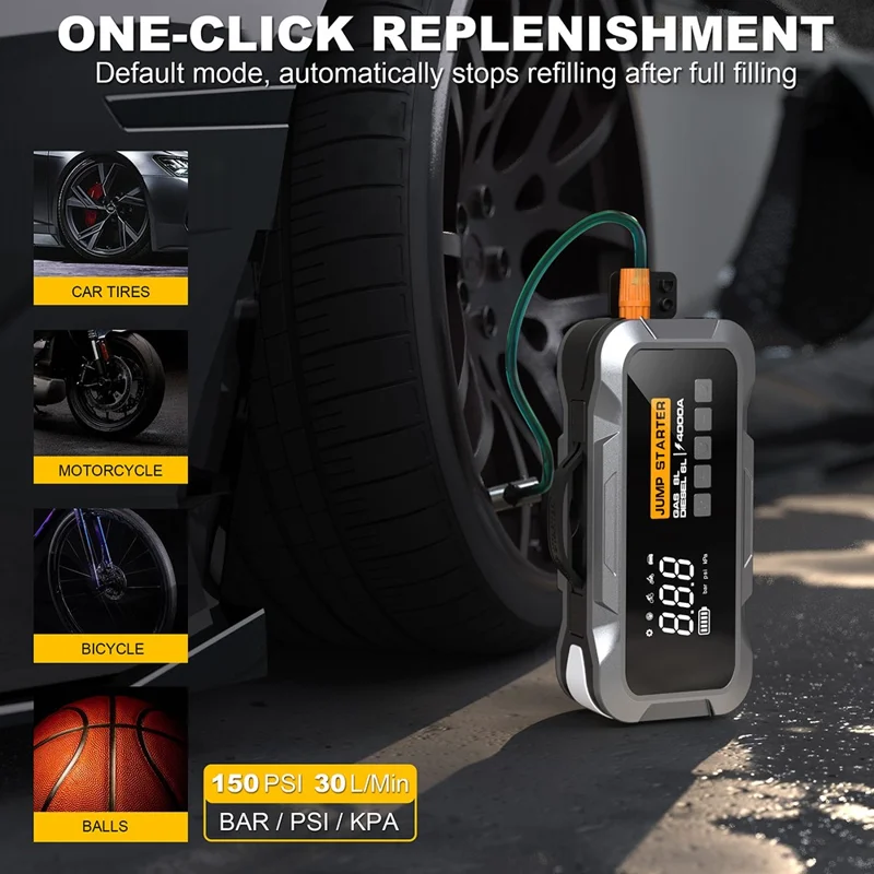CY97 8000mAh Car Jump Starter with Air Compressor 150PSI Tire Inflator with LED Emergency Light