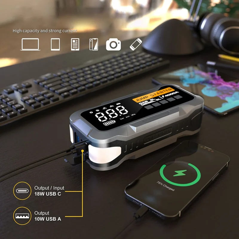 CY97 10000mAh Car Jump Starter with Air Compressor 150PSI Tire Inflator with LED Emergency Light