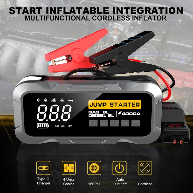 CY97 12000mAh Car Jump Starter with Air Compressor 150PSI Tire Inflator with LED Emergency Light