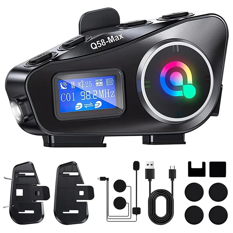 Q58Max 500m Range Motorcycle Helmet Bluetooth-compatible Intercom Headset FM Radio with LED Light, Hard Mic