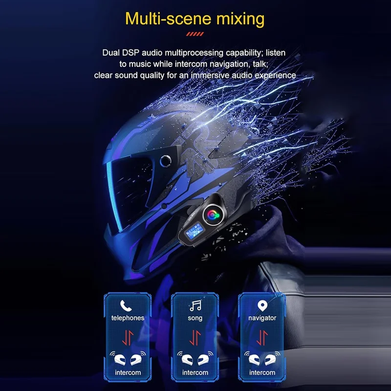 Q58Max 500m Range Motorcycle Helmet Bluetooth-compatible Intercom Headset FM Radio with LED Light, Hard Mic