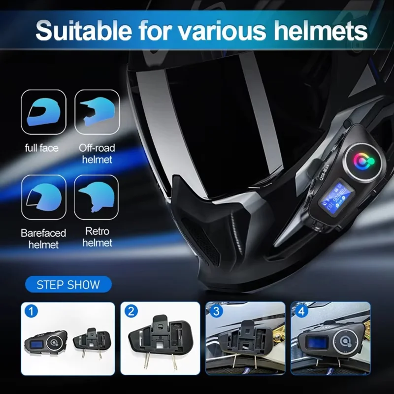 Q58Max 500m Range Motorcycle Helmet Bluetooth-compatible Intercom Headset FM Radio with LED Light, Hard Mic
