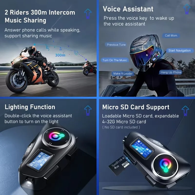 Q58Max 500m Range Motorcycle Helmet Bluetooth-compatible Intercom Headset FM Radio with LED Light, Hard Mic