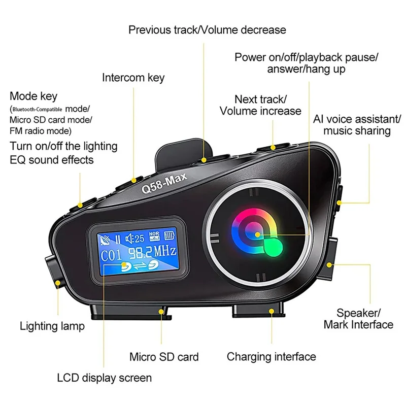 Q58Max 500m Range Motorcycle Helmet Bluetooth-compatible Intercom Headset FM Radio with LED Light, Hard Mic