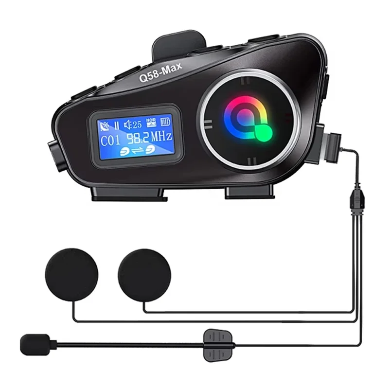 Q58Max 500m Range Motorcycle Helmet Bluetooth-compatible Intercom Headset FM Radio with LED Light, Hard Mic