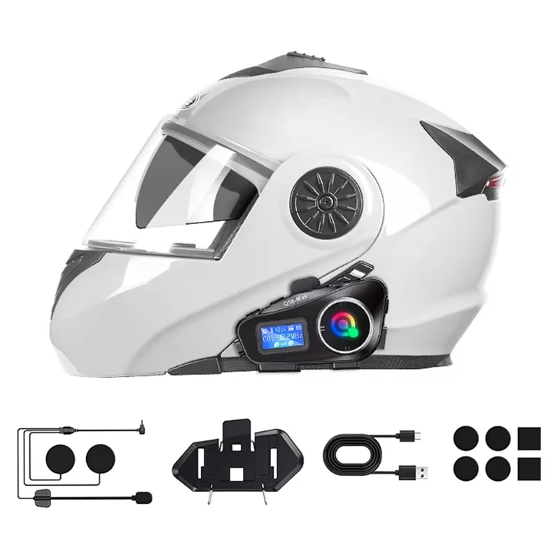 Q58Max 500m Range Motorcycle Helmet Bluetooth-compatible Intercom Headset FM Radio with LED Light, Hard Mic