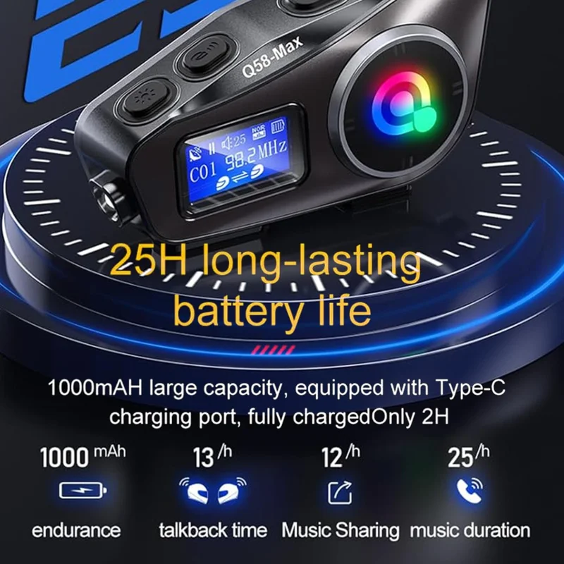 Q58Max 500m Range Motorcycle Helmet Bluetooth-compatible Intercom Headset FM Radio with LED Light, Hard Mic