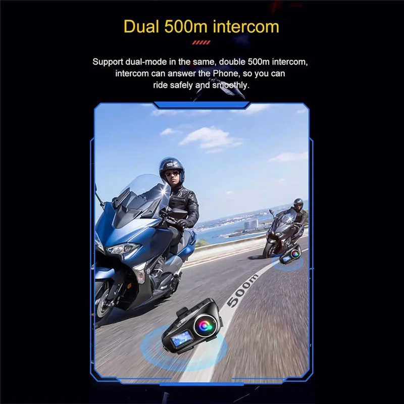 Q58Max 500m Range Motorcycle Helmet Bluetooth-compatible Intercom Headset FM Radio with LED Light, Hard Mic