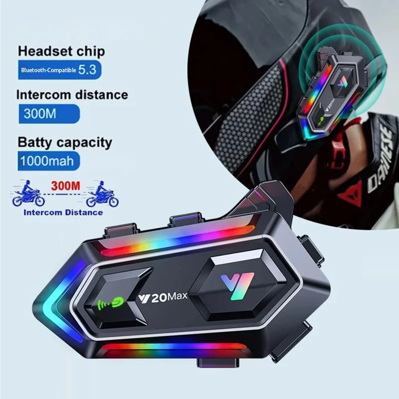 Y20MAX IPX6 Waterproof RGB Lighting Motorcycle Helmet Bluetooth-compatible Intercom Headset with Hard Mic