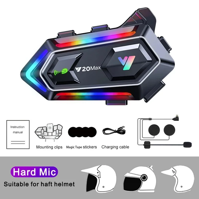 Y20MAX IPX6 Waterproof RGB Lighting Motorcycle Helmet Bluetooth-compatible Intercom Headset with Hard Mic