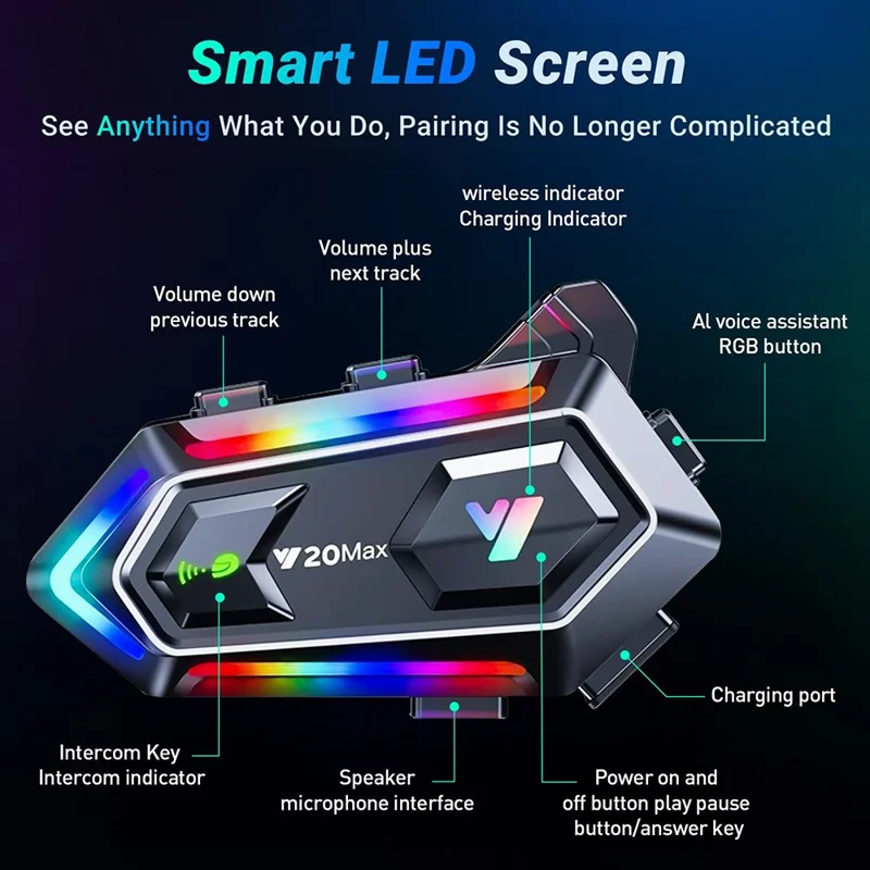 Y20MAX IPX6 Waterproof RGB Lighting Motorcycle Helmet Bluetooth-compatible Intercom Headset with Hard Mic