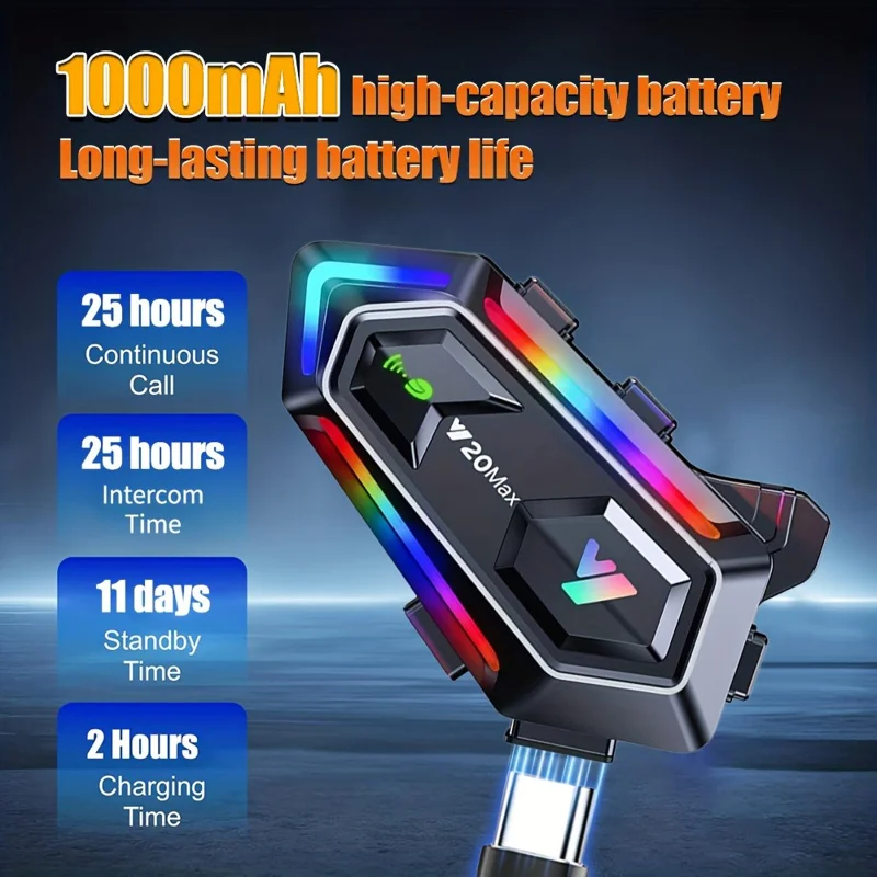 Y20MAX IPX6 Waterproof RGB Lighting Motorcycle Helmet Bluetooth-compatible Intercom Headset with Hard Mic