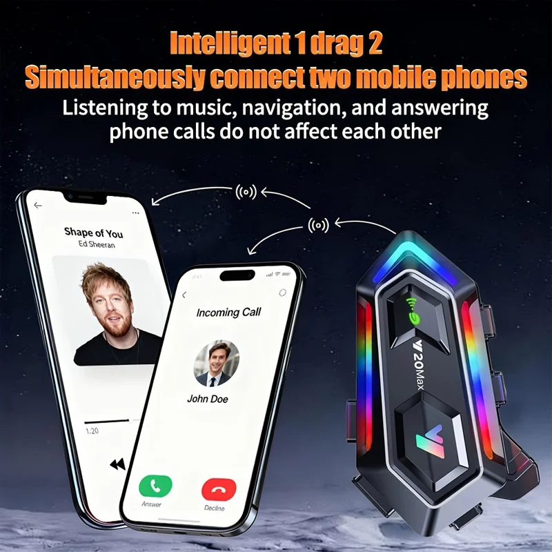 Y20MAX IPX6 Waterproof RGB Lighting Motorcycle Helmet Bluetooth-compatible Intercom Headset with Hard Mic