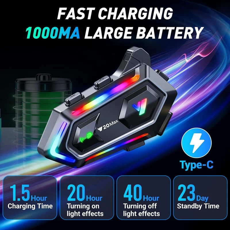 Y20MAX IPX6 Waterproof RGB Lighting Motorcycle Helmet Bluetooth-compatible Intercom Headset with Hard Mic