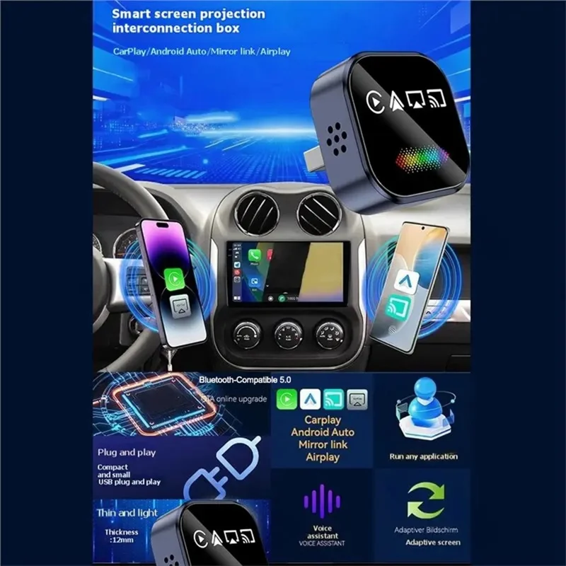 Adattatore Q1A 4 in 1 Wireless CarPlay, da Cablato a Wireless, Android Auto, Dongle USB, Supporto AirPlay e Mirror Link, con Luce Respirante - Zaffiro