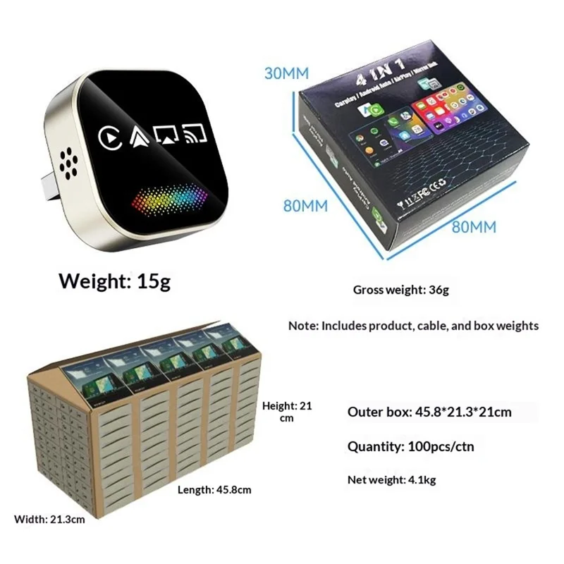 Q1A 4 in 1 Wireless CarPlay Adapter Box Android Auto AirPlay Mirror Link Wired to Wireless USB Dongle with Breathing Light - Orange