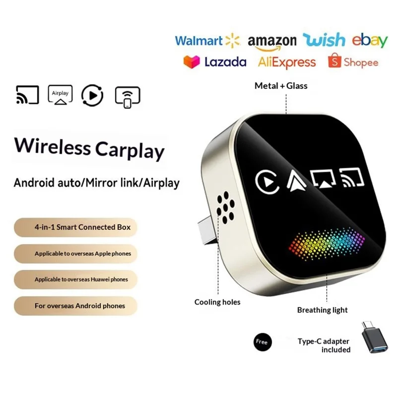 Q1A 4 in 1 Wireless CarPlay Adapter Box Android Auto AirPlay Mirror Link Wired to Wireless USB Dongle with Breathing Light - Orange