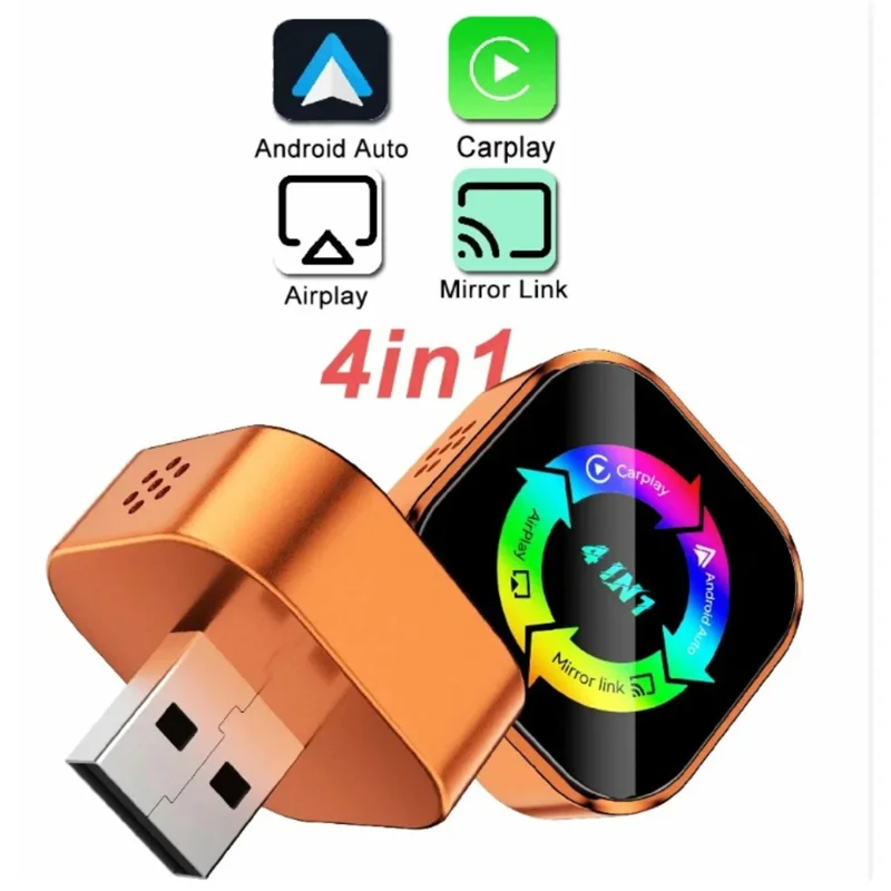 Q1A 4 in 1 CarPlay Android Auto AirPlay Mirror Link Adapter Bluetooth-compatible / WiFi Wireless AI Box USB Dongle - Orange+Colorful Symbol