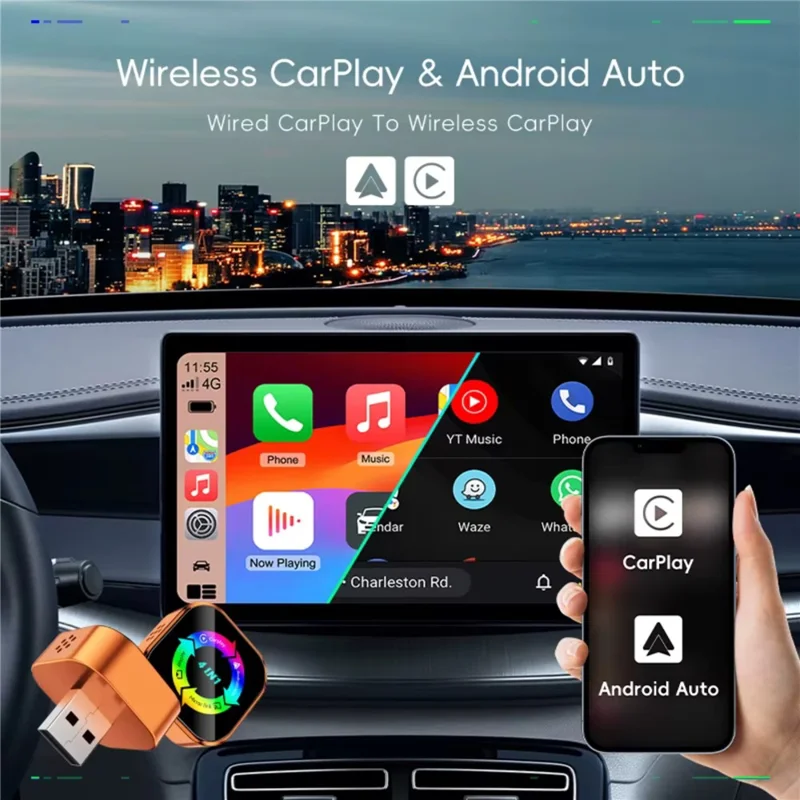 Q1A 4 in 1 CarPlay Android Auto AirPlay Mirror Link Adapter Bluetooth-compatible / WiFi Wireless AI Box USB Dongle - Orange+Colorful Symbol