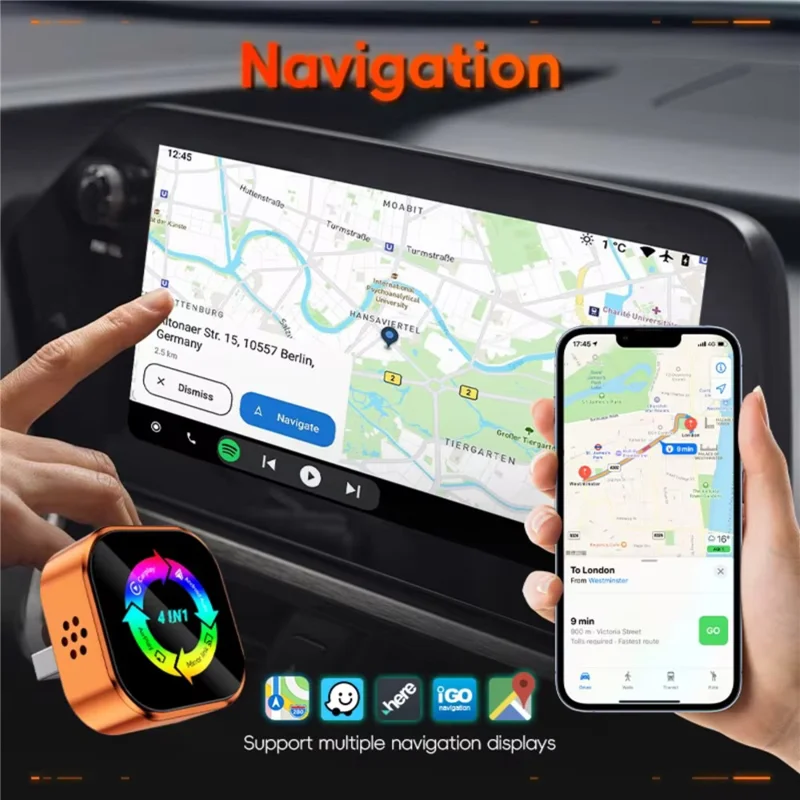 Q1A 4 in 1 CarPlay Android Auto AirPlay Mirror Link Adapter Bluetooth-compatible / WiFi Wireless AI Box USB Dongle - Orange+Colorful Symbol