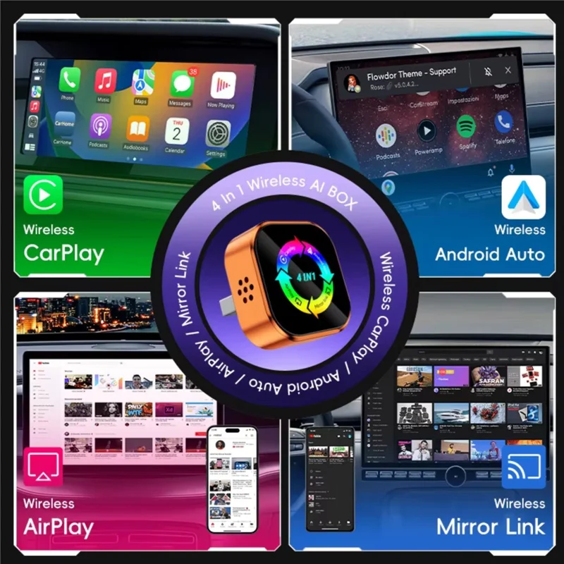 Q1A 4 in 1 CarPlay Android Auto AirPlay Mirror Link Adapter Bluetooth-compatible / WiFi Wireless AI Box USB Dongle - Orange+Colorful Symbol