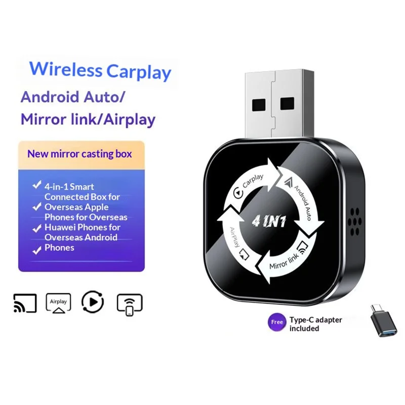 Q1AS 4 in 1 Wireless CarPlay Android Auto AirPlay MirrorLink Adapter Bluetooth-compatible / WiFi USB Dongle - Black+White Symbol