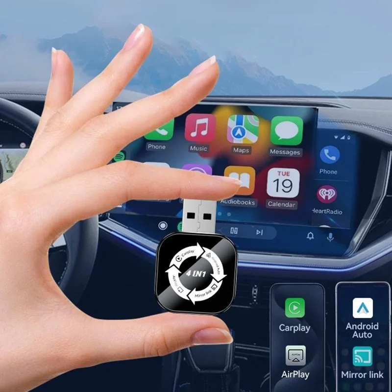 Q1AS 4 in 1 Wireless CarPlay Android Auto AirPlay MirrorLink Adapter Bluetooth-compatible / WiFi USB Dongle - Tarnish Grey+White Symbol