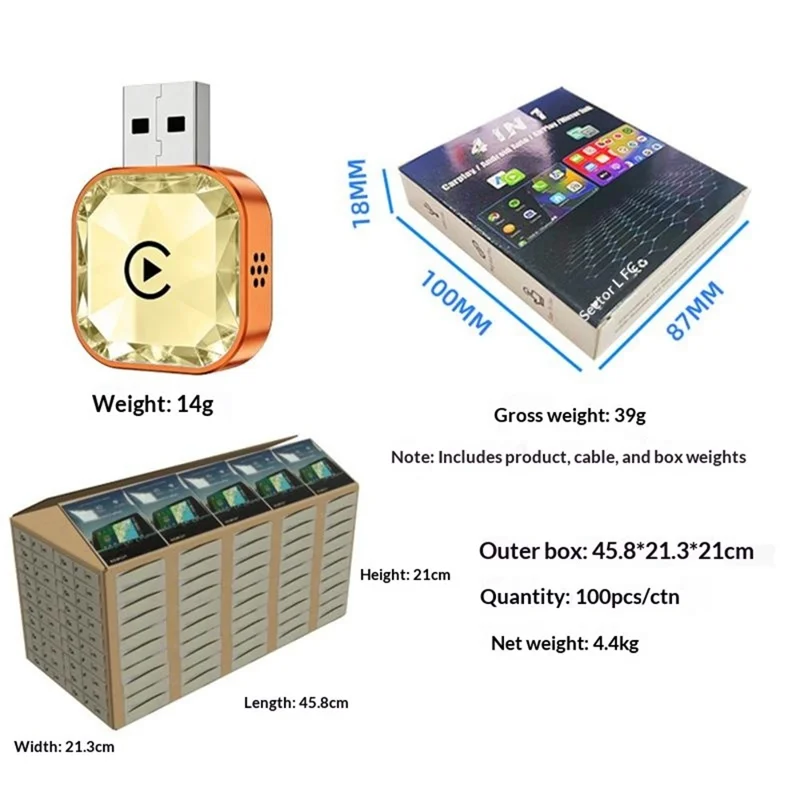 Q1AS 4 in 1 Diamond Cut Wireless CarPlay Adapter Wired to Wireless Android Auto AirPlay Mirror Link USB Dongle - Orange+Gold