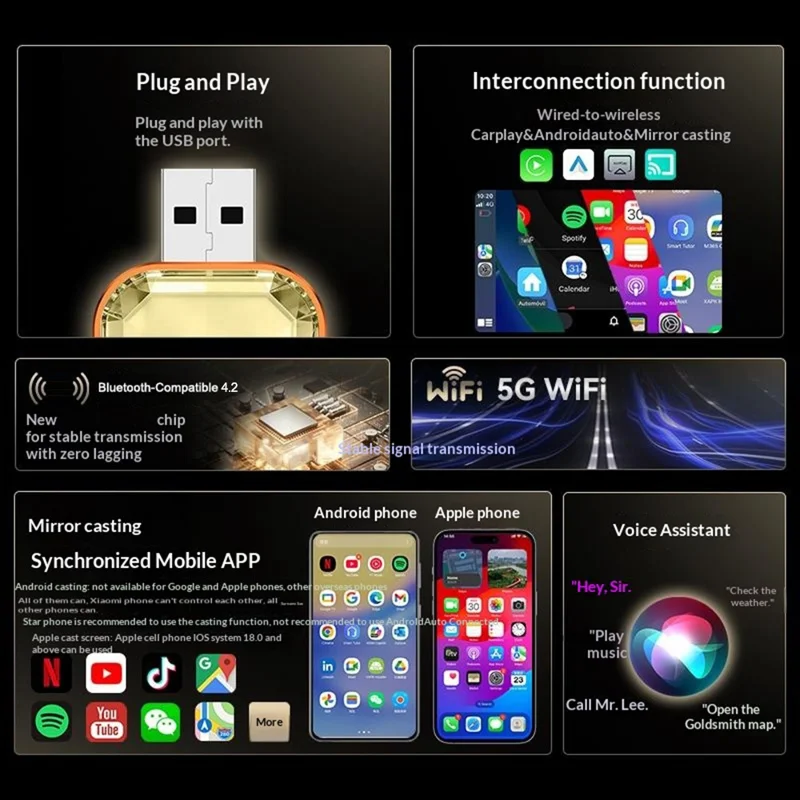 Q1AS 4 in 1 Diamond Cut Wireless CarPlay Adapter Wired to Wireless Android Auto AirPlay Mirror Link USB Dongle - Orange+Gold