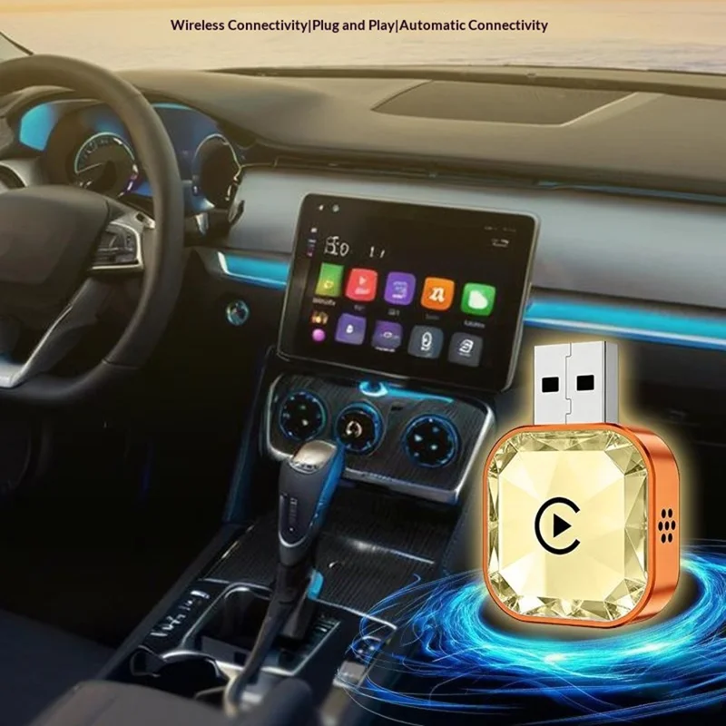 Q1AS 4 in 1 Diamond Cut Wireless CarPlay Adapter Wired to Wireless Android Auto AirPlay Mirror Link USB Dongle - Orange+Silver