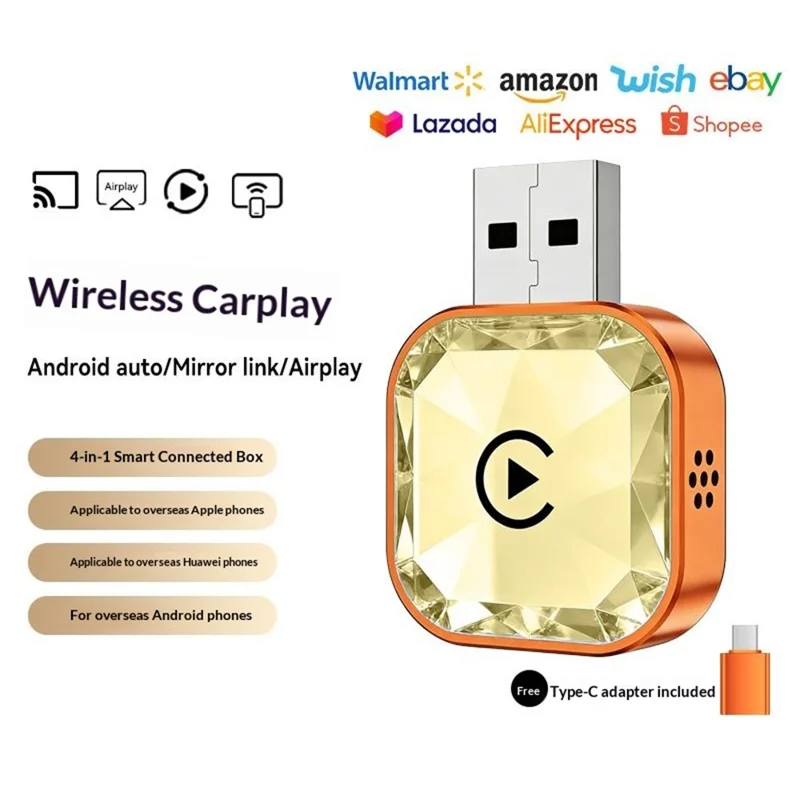 Q1AS 4 in 1 Diamond Cut Wireless CarPlay Adapter Wired to Wireless Android Auto AirPlay Mirror Link USB Dongle - Orange+Silver
