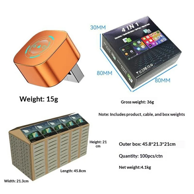Q1AF Wireless Carplay Adapter Smart AI Box Airplay Mirror Link Android Auto Carplay 4 in1 Wired to Wireless USB Dongle - Orange / Blue Lighting
