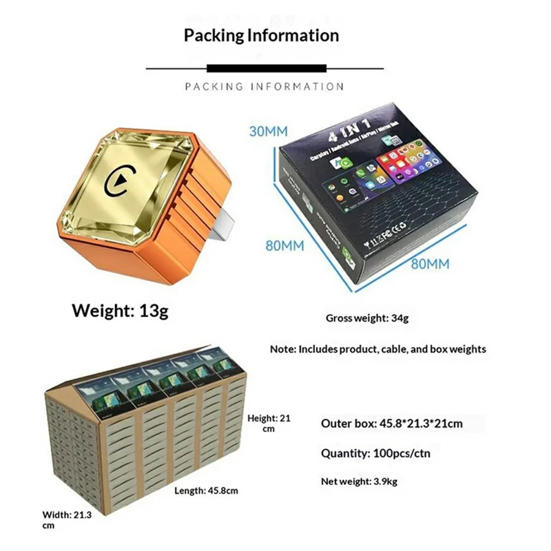 Q1BVS Wired to Wireless CarPlay Adapter 4 in 1 CarPlay Android Auto AirPlay Mirror Link Smart Box - Orange / Gold Diamond