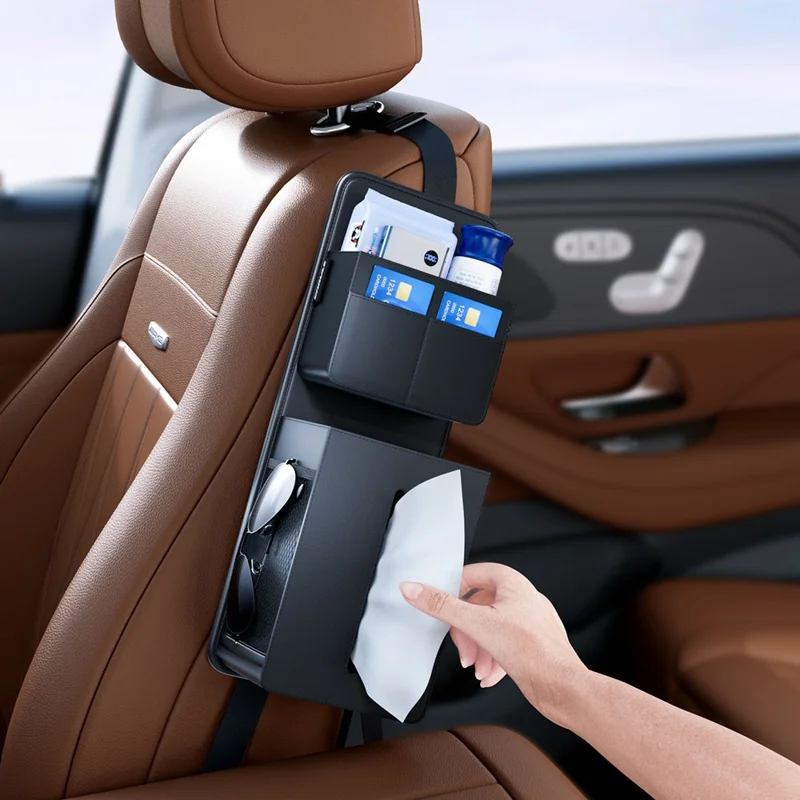 Bolsa organizadora colgante para coche con portapañuelos lateral, bolsa de almacenamiento multifuncional para el interior de vehículos universales