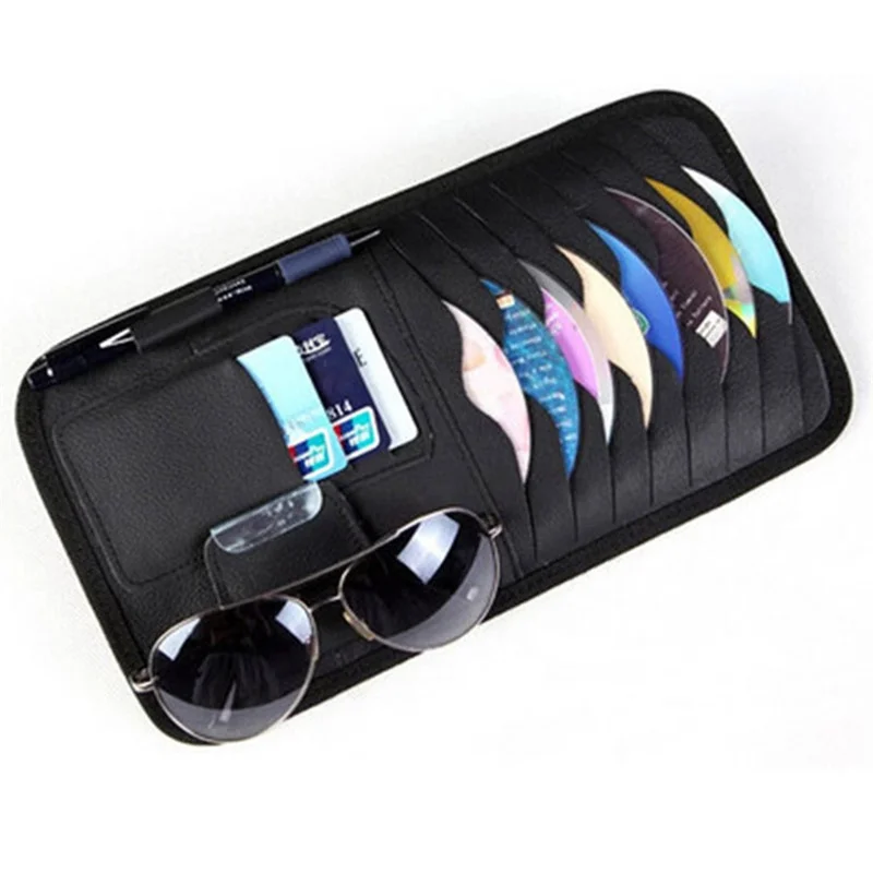 Car Sun Visor Multifunctional Card Organizer PU Leather CD Storage Case Sunglasses Clip Pen Holder - Black