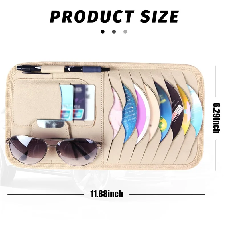 Car Sun Visor Multifunctional Card Organizer PU Leather CD Storage Case Sunglasses Clip Pen Holder - Black