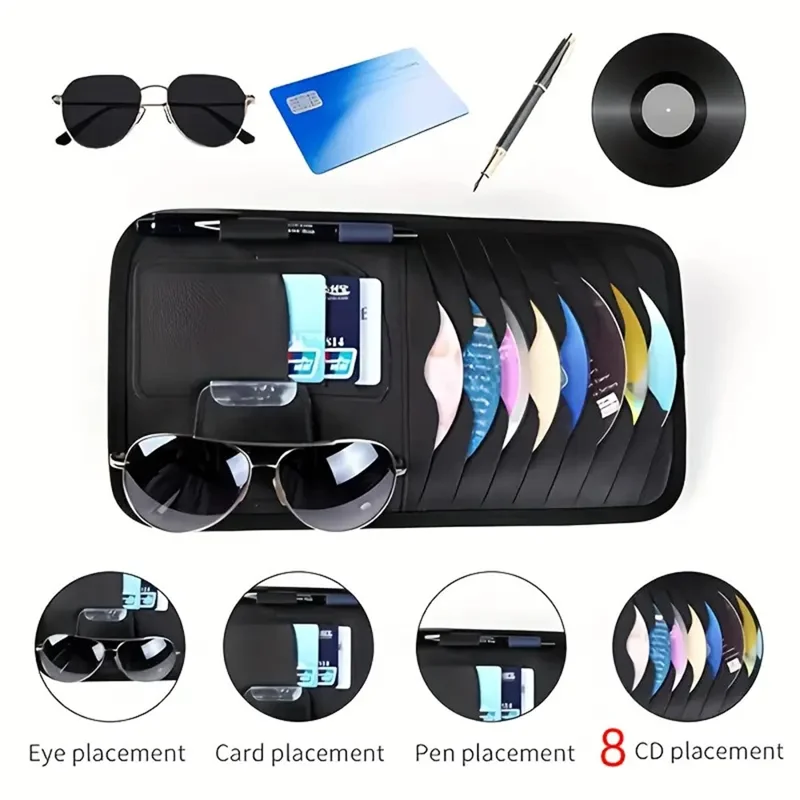 Car Sun Visor Multifunctional Card Organizer PU Leather CD Storage Case Sunglasses Clip Pen Holder - Black