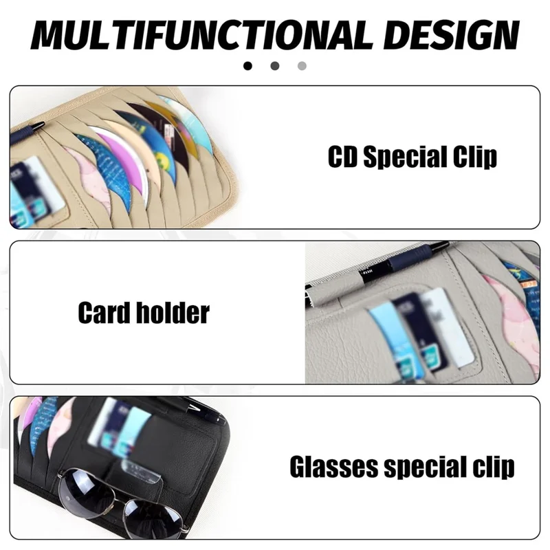 Car Sun Visor Multifunctional Card Organizer PU Leather CD Storage Case Sunglasses Clip Pen Holder - Black