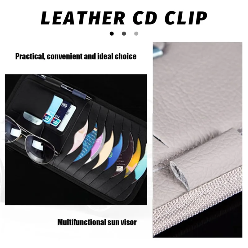 Car Sun Visor Multifunctional Card Organizer PU Leather CD Storage Case Sunglasses Clip Pen Holder - Black